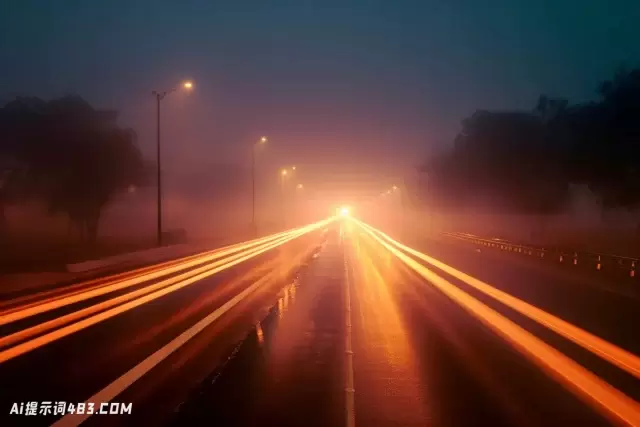 黄昏路上的灯光和雾: 高质量的照片