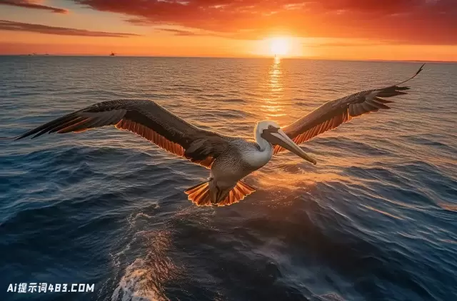 鹈鹕在日落时飞越海洋