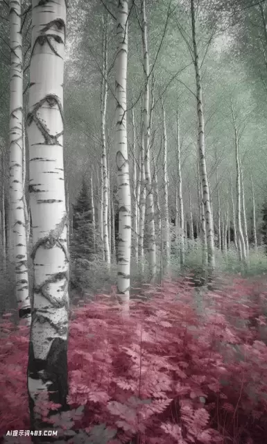 红色和绿色的白桦林在虚幻的超现实主义风格