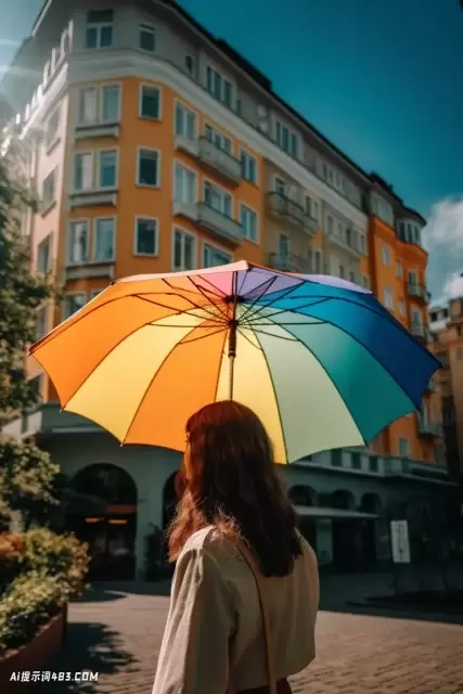 在阳光明媚的日子里拿着彩虹伞的女人