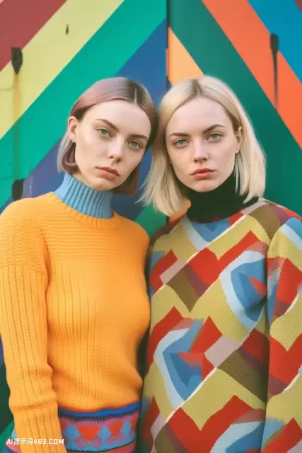 两个女人在五颜六色的毛衣: 后现代雌雄同体的照片