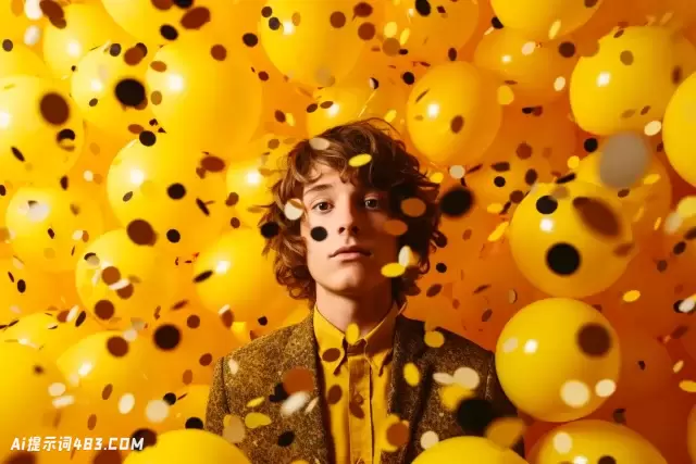 黄色背景上有气球的男孩: 五彩纸屑状圆点的忧郁自画像
