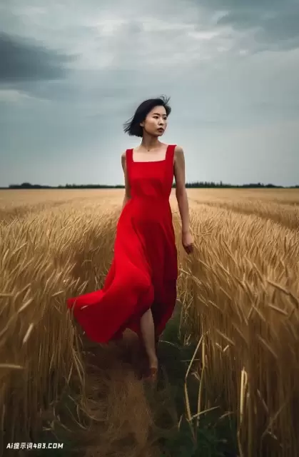 一个穿着红色连衣裙的亚洲女人走过田野