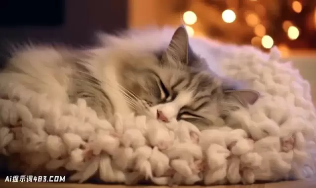在舒适的冬夜，一只蓬松的布娃娃猫的温柔本性