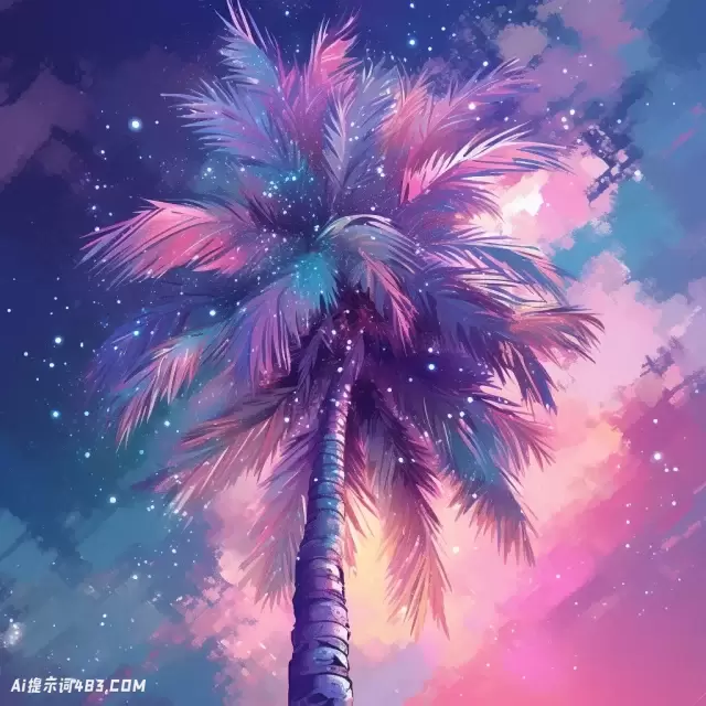 粉红色，紫色和蓝色棕榈树闪闪发光