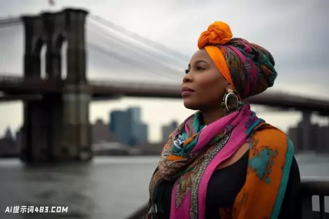 布鲁克林大桥上头巾和彩色上衣的超重黑人妇女
