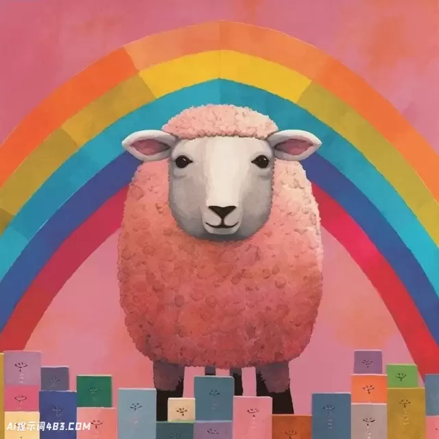 粉红色的羊与彩虹在玛格丽特基恩风格拼贴画