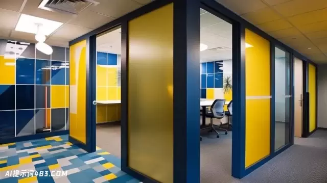 大胆而时尚的办公室设计，黄色和蓝色，灵感来自Piet Mondrian和温哥华学校