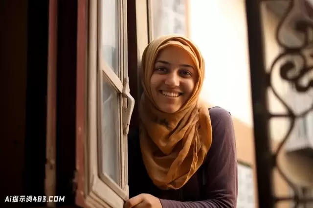年轻的穆斯林妇女在埃及开罗的窗外微笑