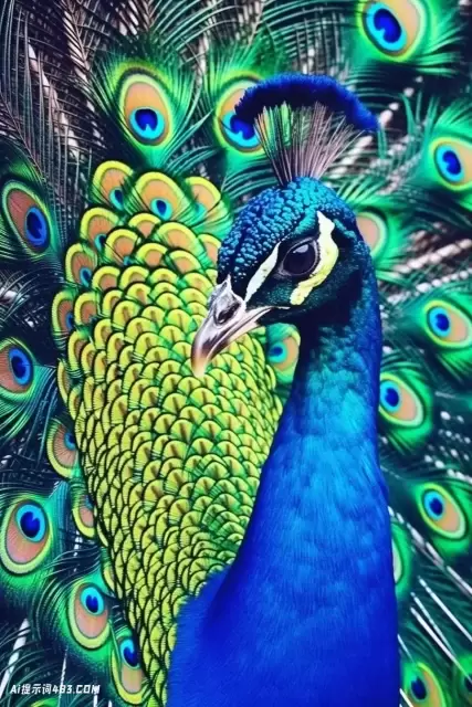 长着羽毛的绿色和蓝色的孔雀