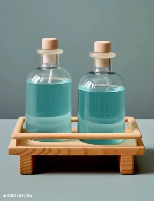 2瓶肥皂放在木托盘上