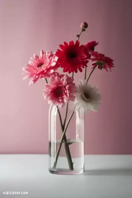 玻璃花瓶中的粉红色花朵: 极简主义设计