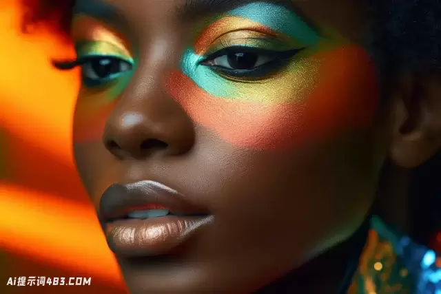 Y2K美学: 一个美丽的非洲女人与五颜六色的化妆特写照片