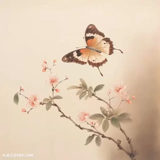 有机极简主义风格的中国画蝴蝶和粉红色花朵