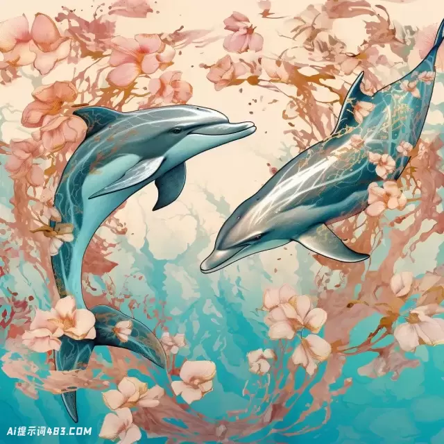 两只海豚在兰花中游泳: 超现实的水生灵感故事书插图