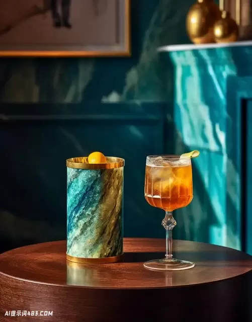 红木桌上的蓝色鸡尾酒具有旧世界的魅力