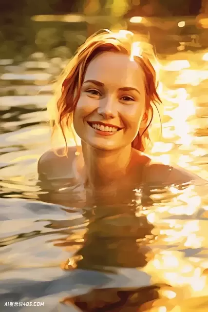 水中微笑的年轻女子-艾米丽·卡尔风格
