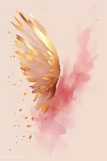 粉红色背景上的水彩翅膀与精致的金色细节