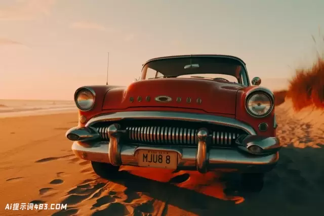 海滩上的老式红色汽车: 欢乐而乐观的Solapunk场景