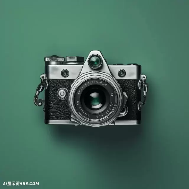 绿色背景上的古董相机: 毕加索式的发现-以物体为中心的鸟瞰图