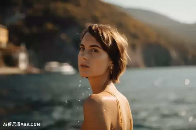 令人惊叹的半身拍摄的女人在黄金泳衣与大海的背景