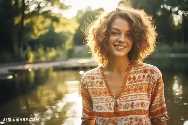 微笑的女人在太阳衬衫在池塘的水