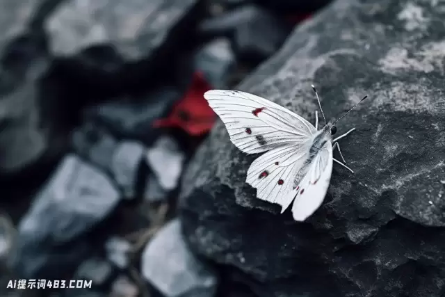 岩石上的一只白色蝴蝶: 一张黑暗和超凡脱俗的哑光照片