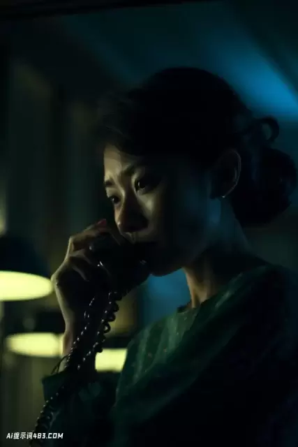 迷人的灯光: 一个女人在黑暗的房间里用电话