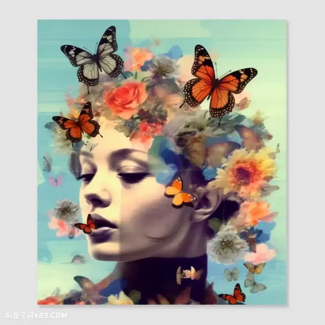 花和蝴蝶拼贴在一个女孩的脸上