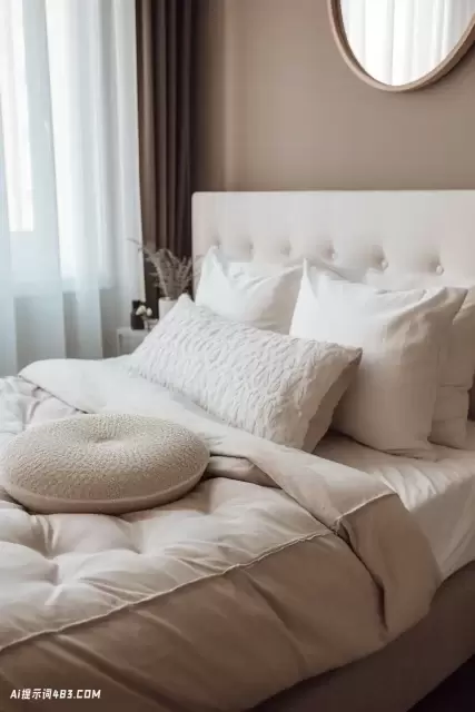 白色床，米色枕头和柔软的边缘