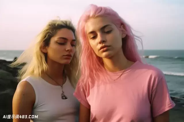 两名年轻女子在海滩上穿着Queercore粉红色t恤