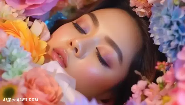 亚洲女人与创意化妆包围五颜六色的花朵