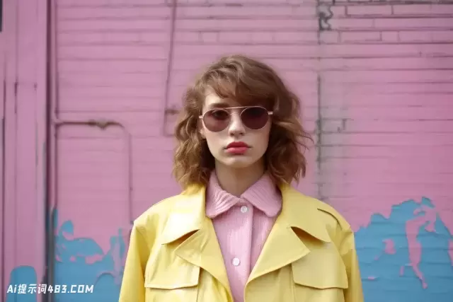 年轻女子在蓝色墙前的黄色和粉红色的外套