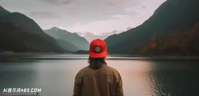 戴着红色帽子欣赏水和山景的人