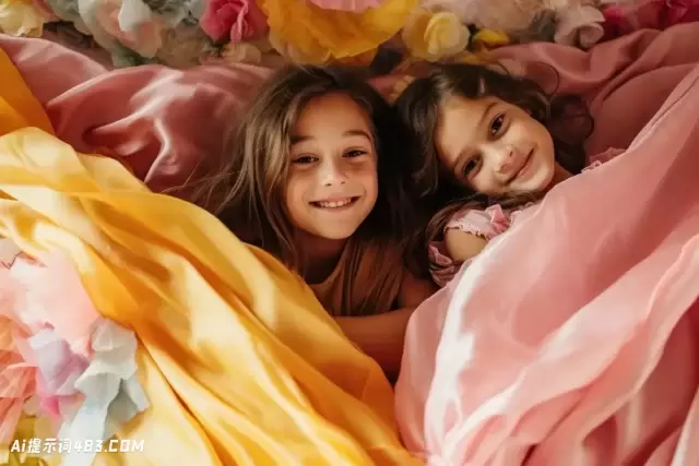 两个孩子穿着粉红色和黄色的坦率时刻在床上