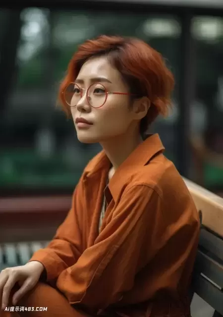 在经典的日本简约风格的长凳上戴眼镜的女人