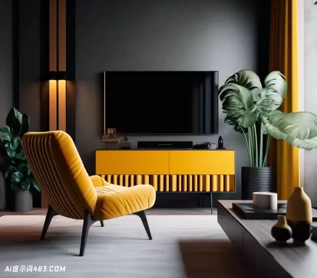 现代客厅与黄色的椅子和电视