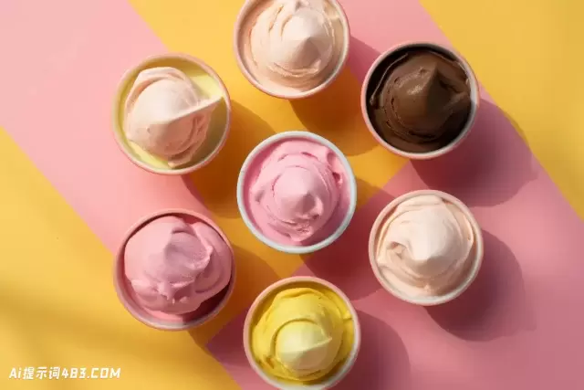用粉红色和黄色的冰淇淋碗降温