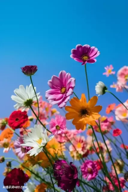 一组五颜六色的花朵漂浮在蓝天
