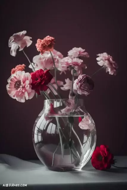 玻璃花瓶中的粉红色花朵: 多色简约快照美学