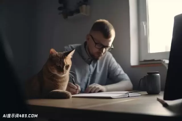 年轻人在他的办公桌工作与一只猫