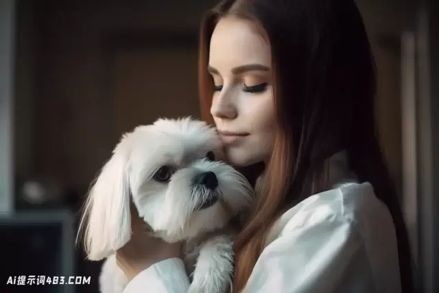 女人抱着她的白色狮子狗