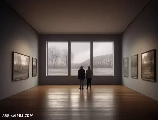 三个人在空房间里欣赏现代主义风景