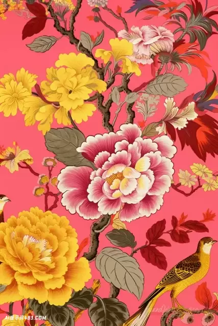 粉红色和黄色花卉壁纸，带有亚洲风格的图案
