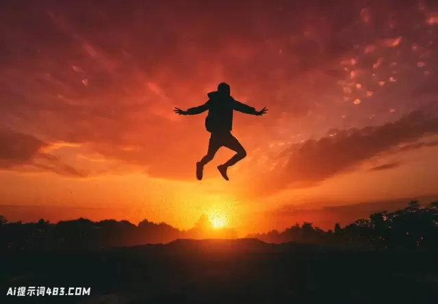 在日落中跳跃的人的剪影: 超现实的超验主义航空摄影