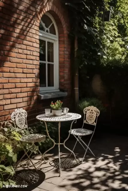 花园窗边的桌子和椅子