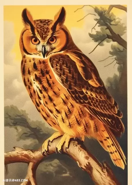 深棕色和浅琥珀色的复古猫头鹰插图
