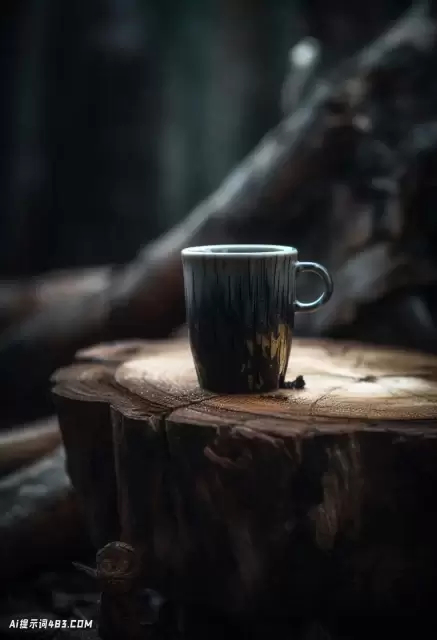 树桩上的一杯咖啡