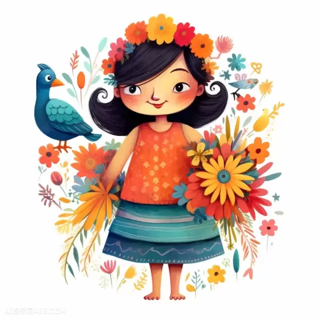 一个穿着鲜花的女孩与一只鸟的插图