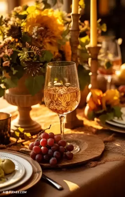 葡萄酒和木材切割婚礼餐具，复杂的插花和原始的简单